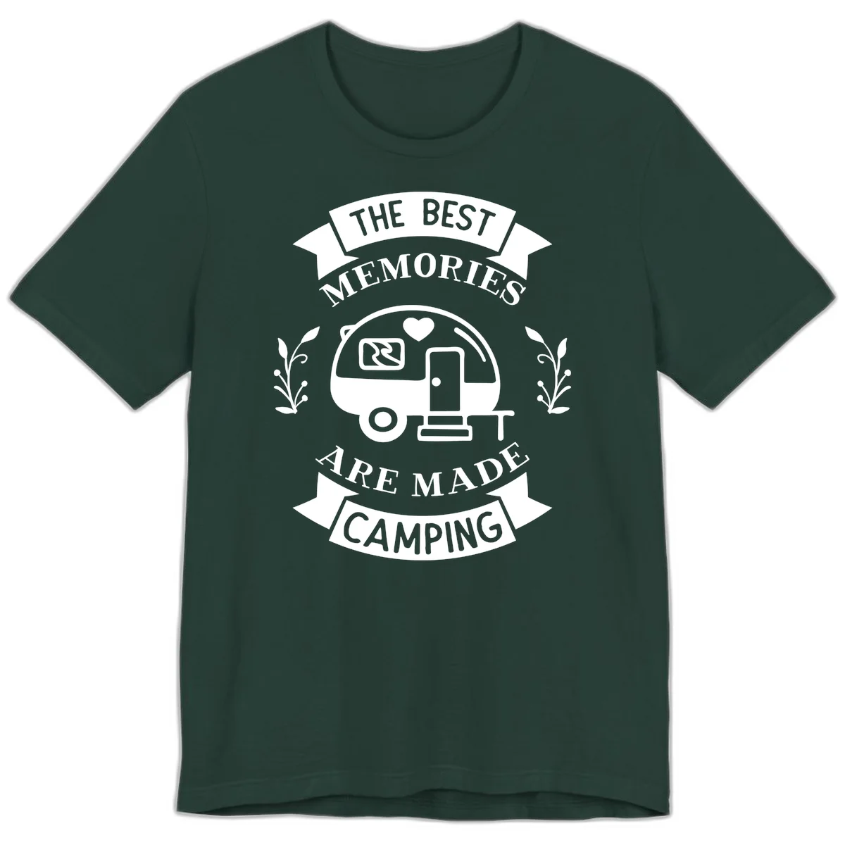Vintage badge design with travel trailer and heart, text reading 'The Best Memories Are Made Camping' with decorative botanical branches in Forest