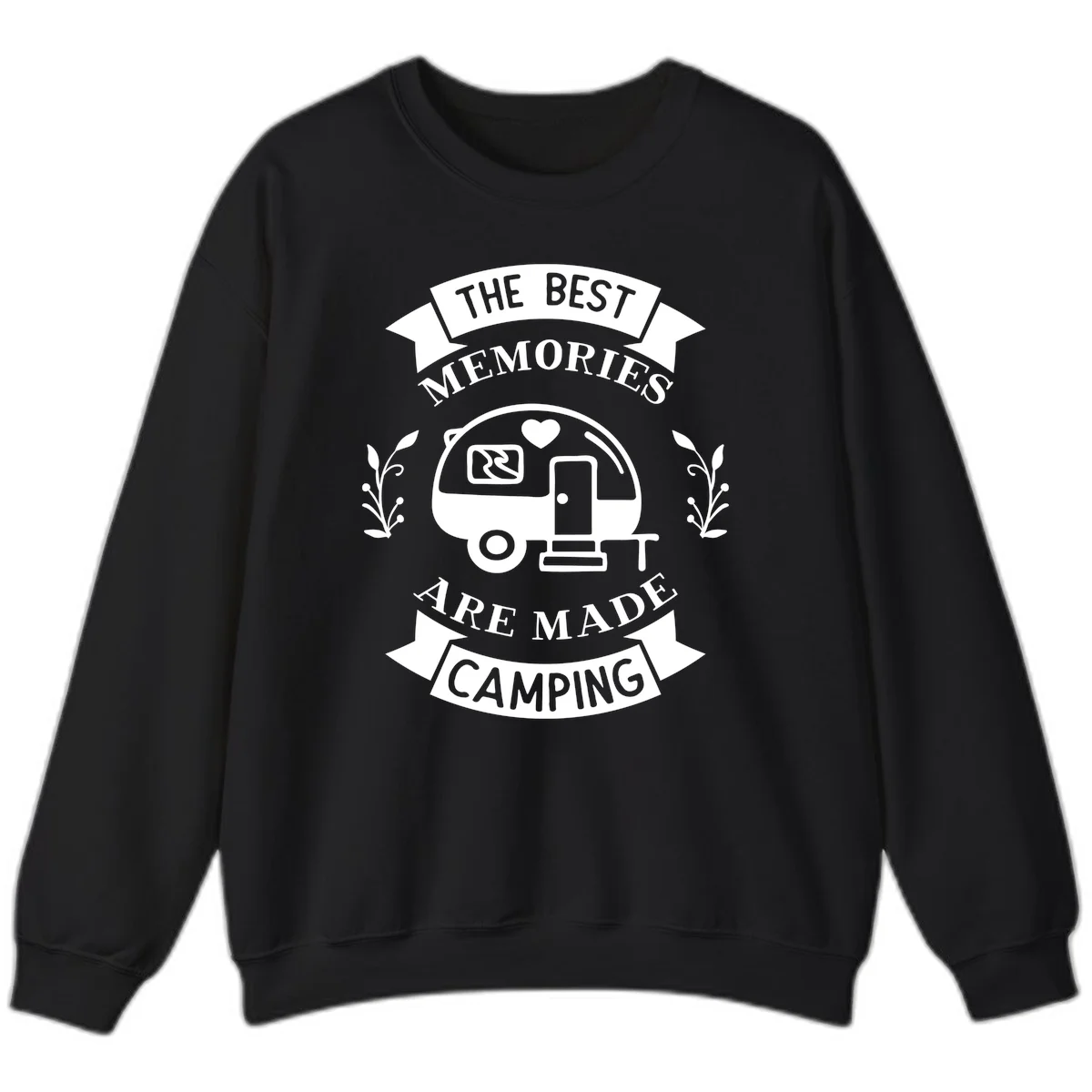 Vintage badge design with travel trailer and heart, text reading 'The Best Memories Are Made Camping' with decorative botanical branches in Black