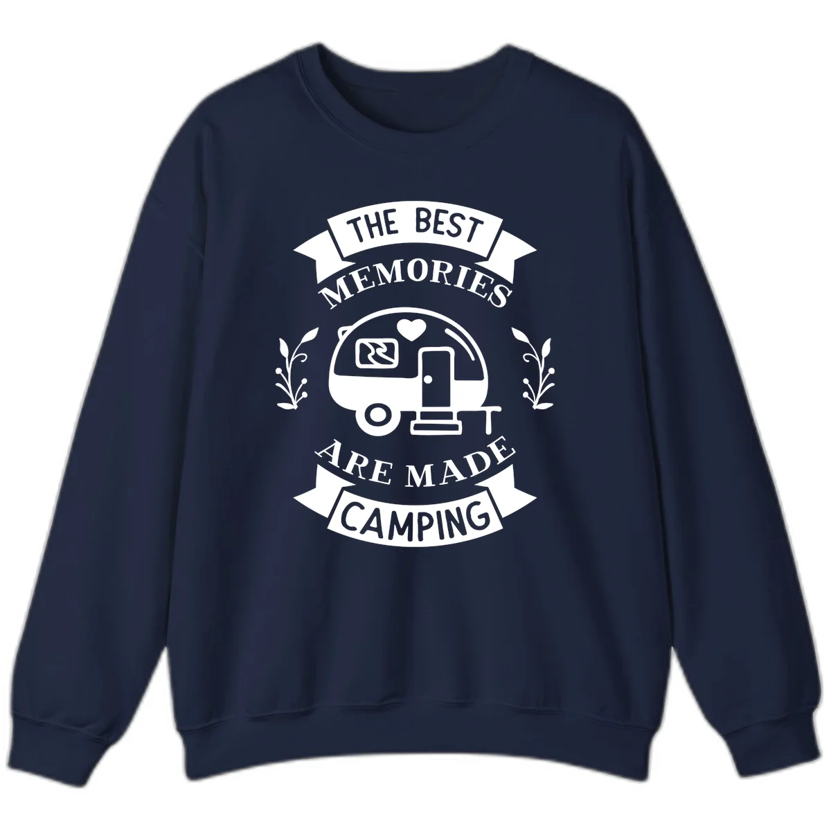 Vintage badge design with travel trailer and heart, text reading 'The Best Memories Are Made Camping' with decorative botanical branches in Navy