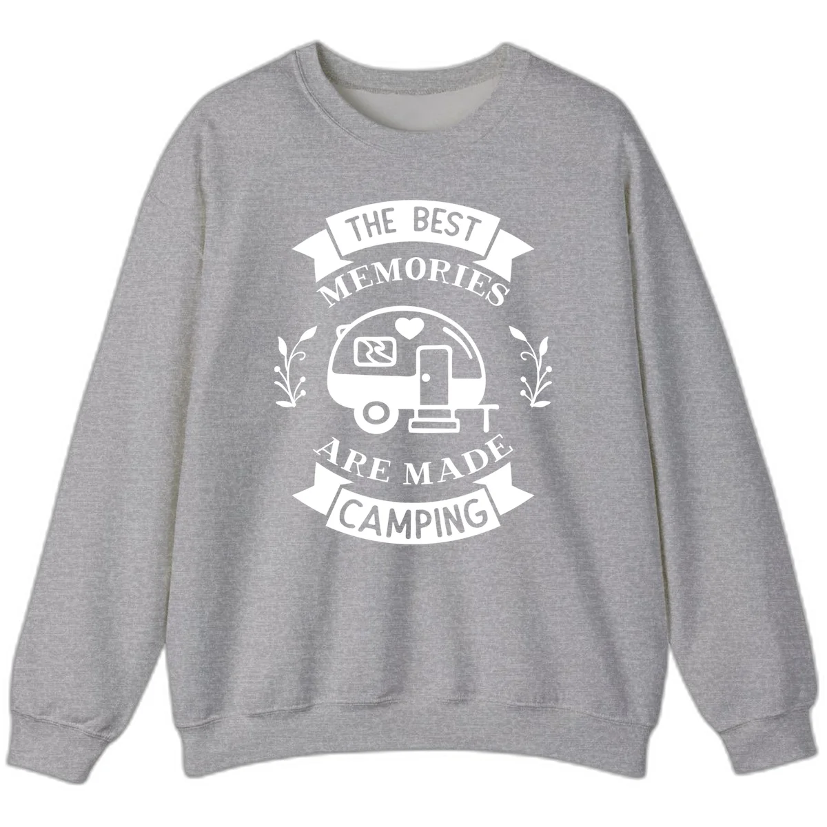 Vintage badge design with travel trailer and heart, text reading 'The Best Memories Are Made Camping' with decorative botanical branches in Sport Grey