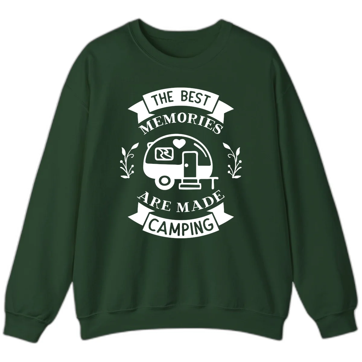 Vintage badge design with travel trailer and heart, text reading 'The Best Memories Are Made Camping' with decorative botanical branches in Forest Green