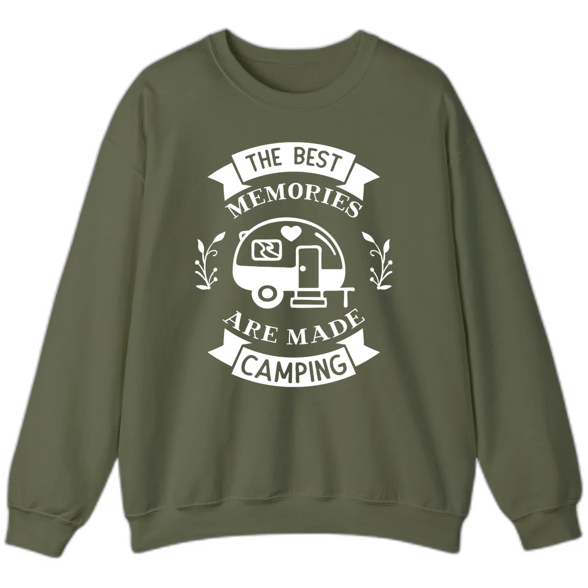 Vintage badge design with travel trailer and heart, text reading 'The Best Memories Are Made Camping' with decorative botanical branches in Military Green