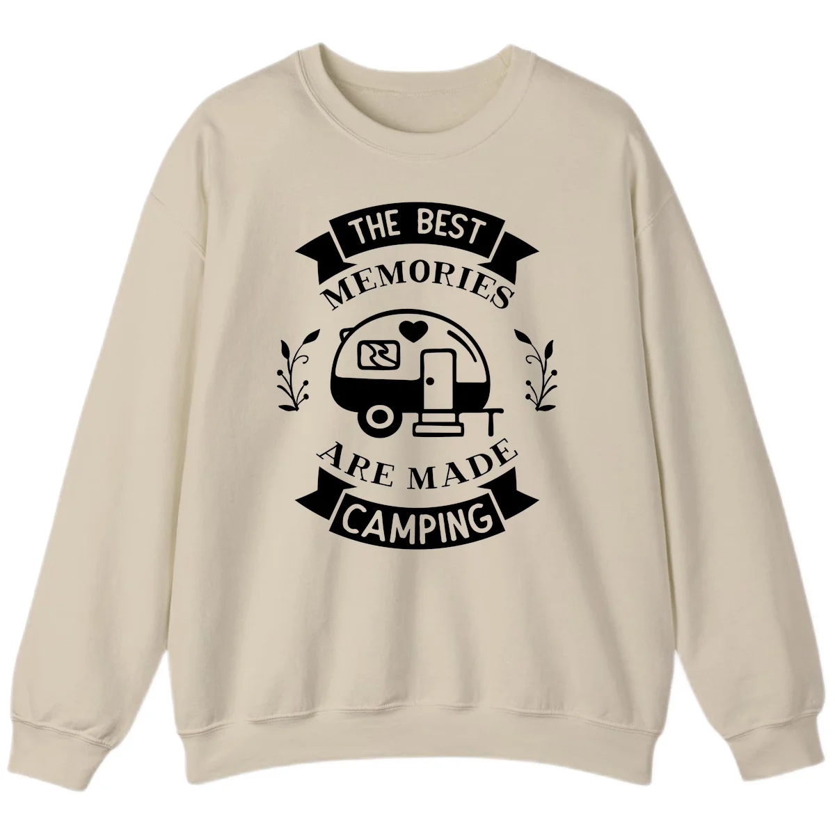 Vintage badge design with travel trailer and heart, text reading 'The Best Memories Are Made Camping' with decorative botanical branches in Sand