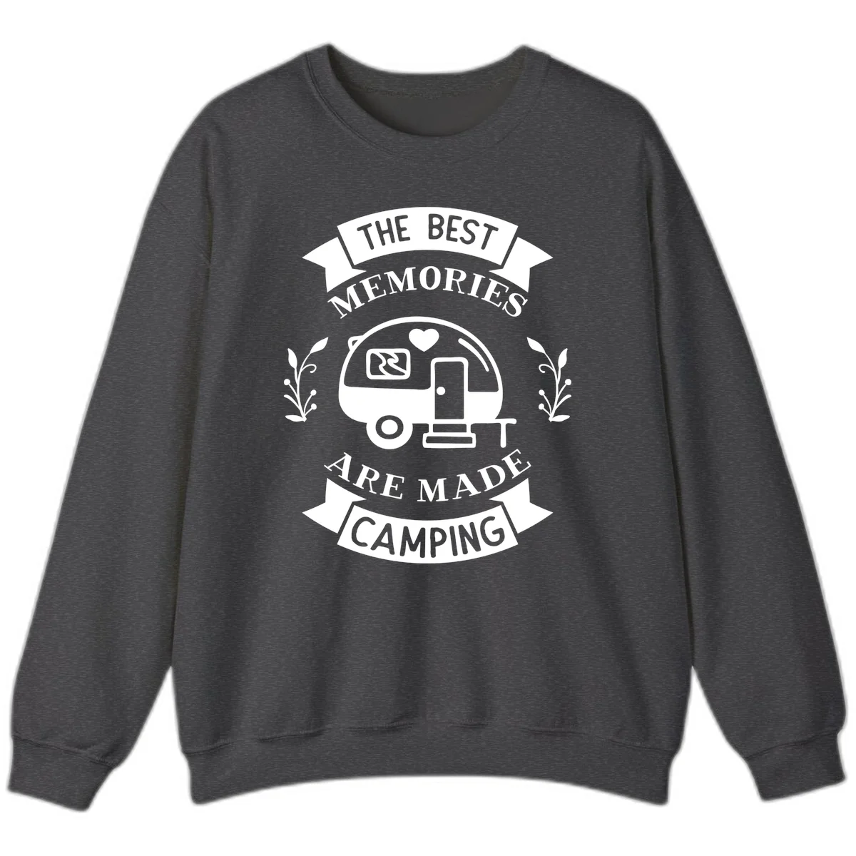 Vintage badge design with travel trailer and heart, text reading 'The Best Memories Are Made Camping' with decorative botanical branches in Dark Heather