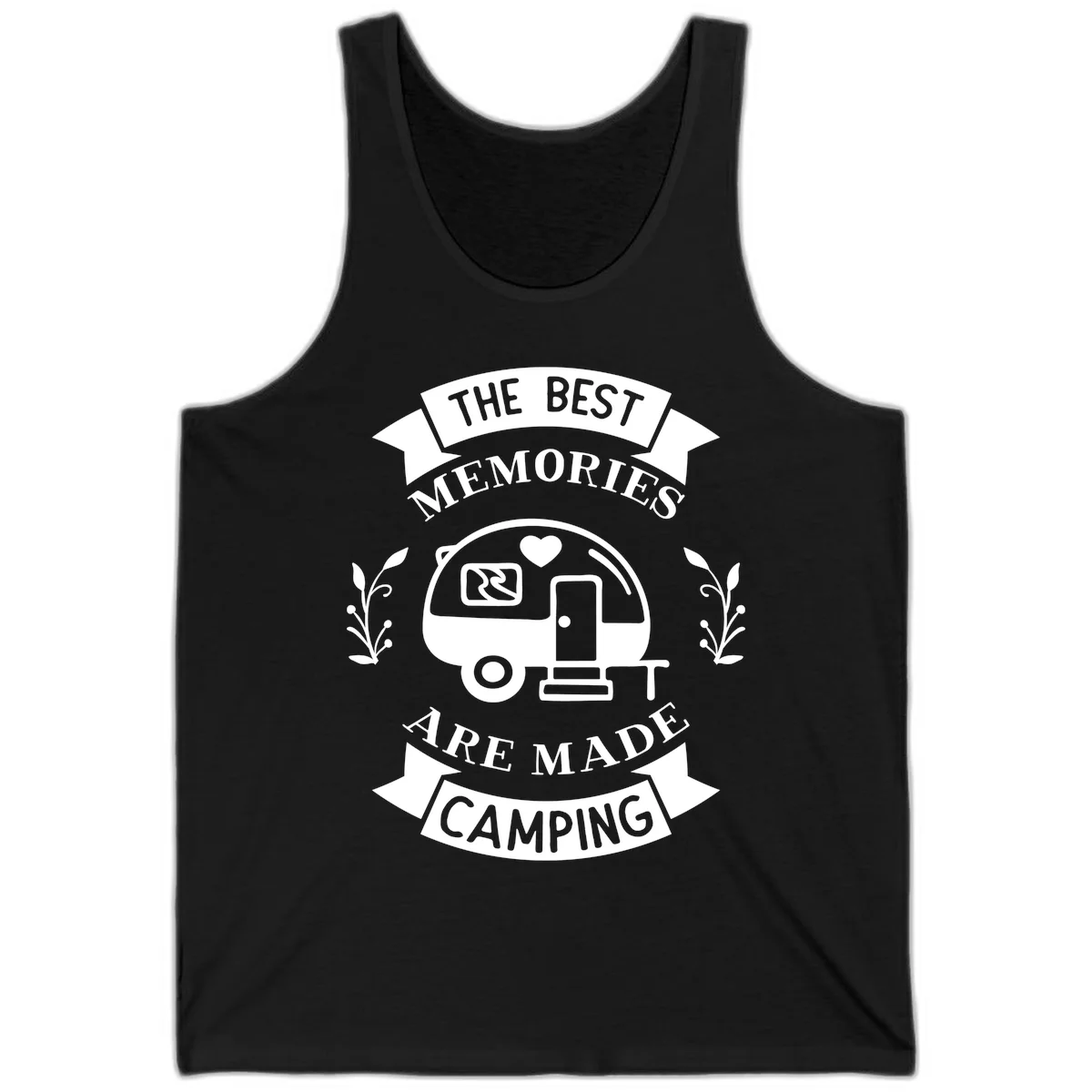 Vintage badge design with travel trailer and heart, text reading 'The Best Memories Are Made Camping' with decorative botanical branches in Black