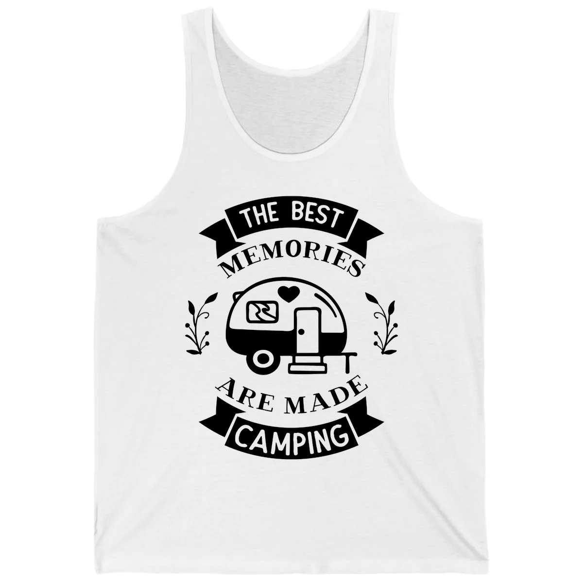 Vintage badge design with travel trailer and heart, text reading 'The Best Memories Are Made Camping' with decorative botanical branches in White