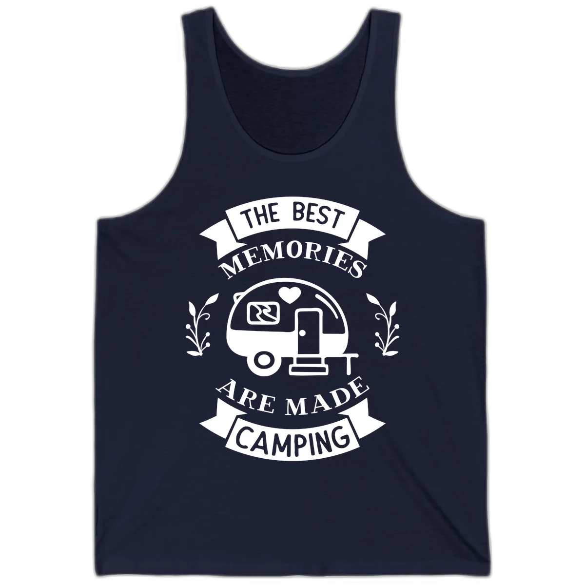 Vintage badge design with travel trailer and heart, text reading 'The Best Memories Are Made Camping' with decorative botanical branches in Navy