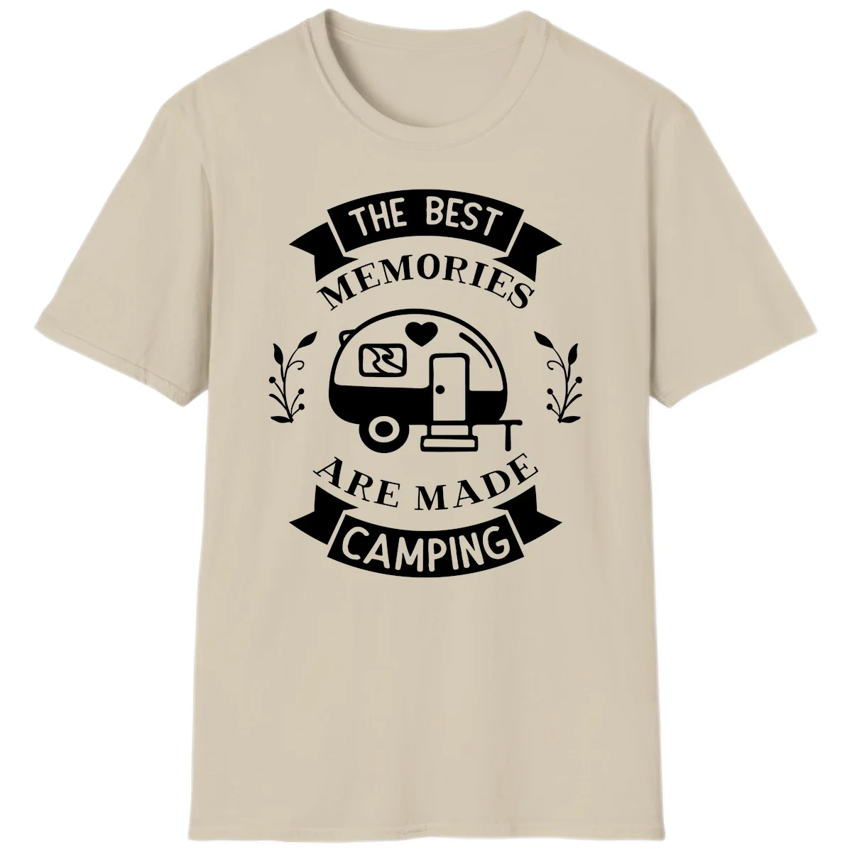 Vintage badge design with travel trailer and heart, text reading 'The Best Memories Are Made Camping' with decorative botanical branches in Sand