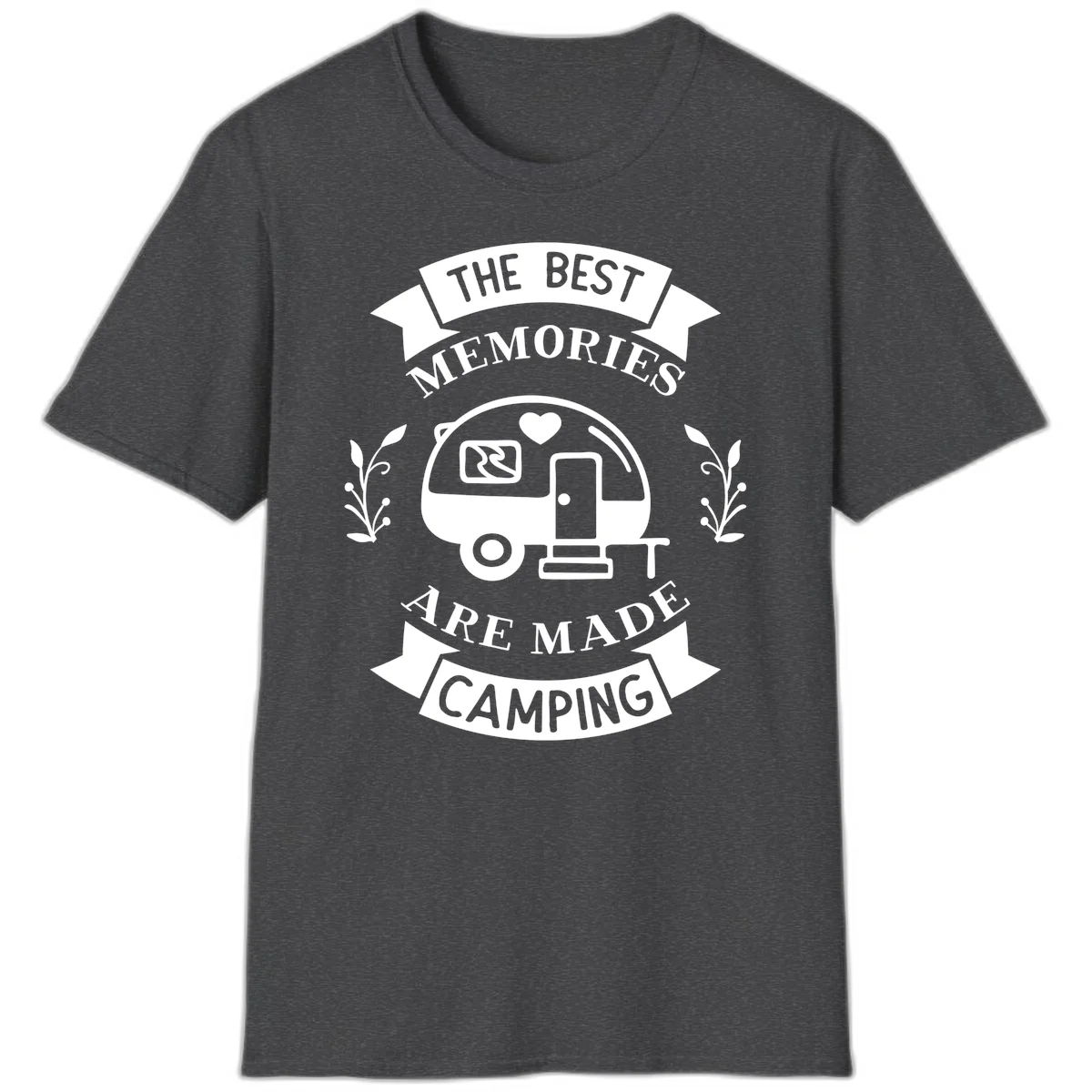 Vintage badge design with travel trailer and heart, text reading 'The Best Memories Are Made Camping' with decorative botanical branches in Dark Heather