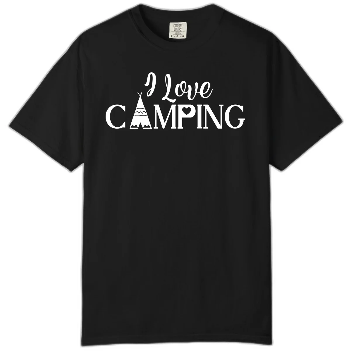 White i-love-camping-teepee design on gray background with decorative geometric patterns and heart symbol in Black