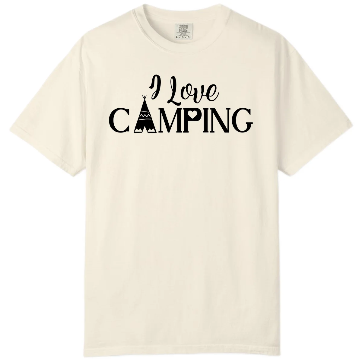 White i-love-camping-teepee design on gray background with decorative geometric patterns and heart symbol in Ivory