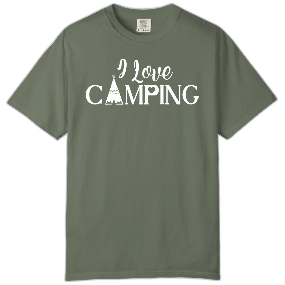 White i-love-camping-teepee design on gray background with decorative geometric patterns and heart symbol in Moss