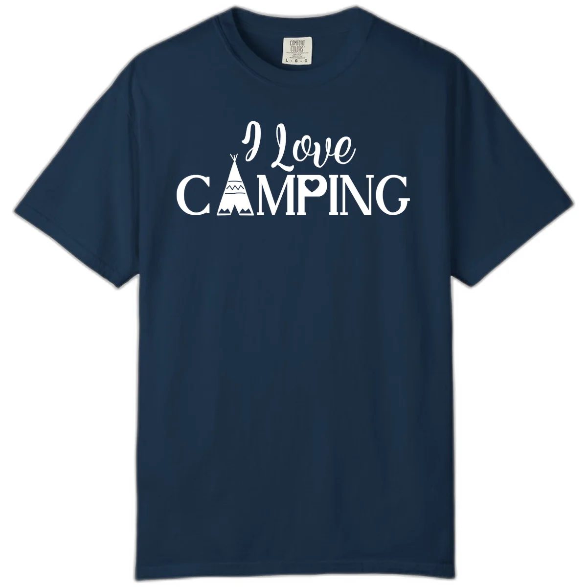 White i-love-camping-teepee design on gray background with decorative geometric patterns and heart symbol in True Navy