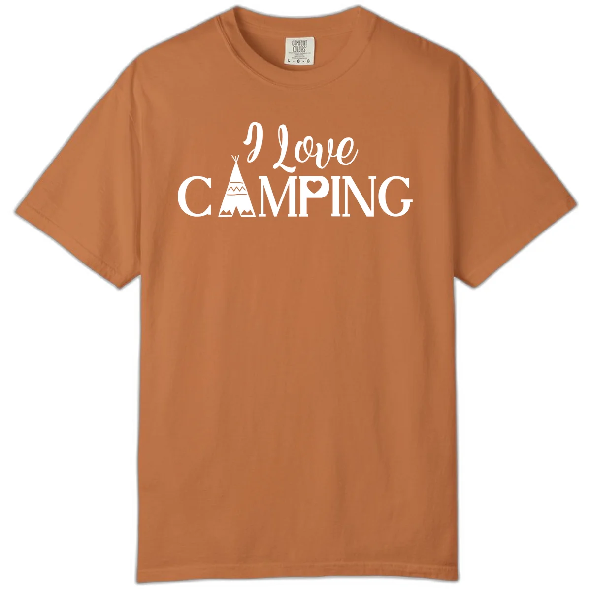 White i-love-camping-teepee design on gray background with decorative geometric patterns and heart symbol in Yam