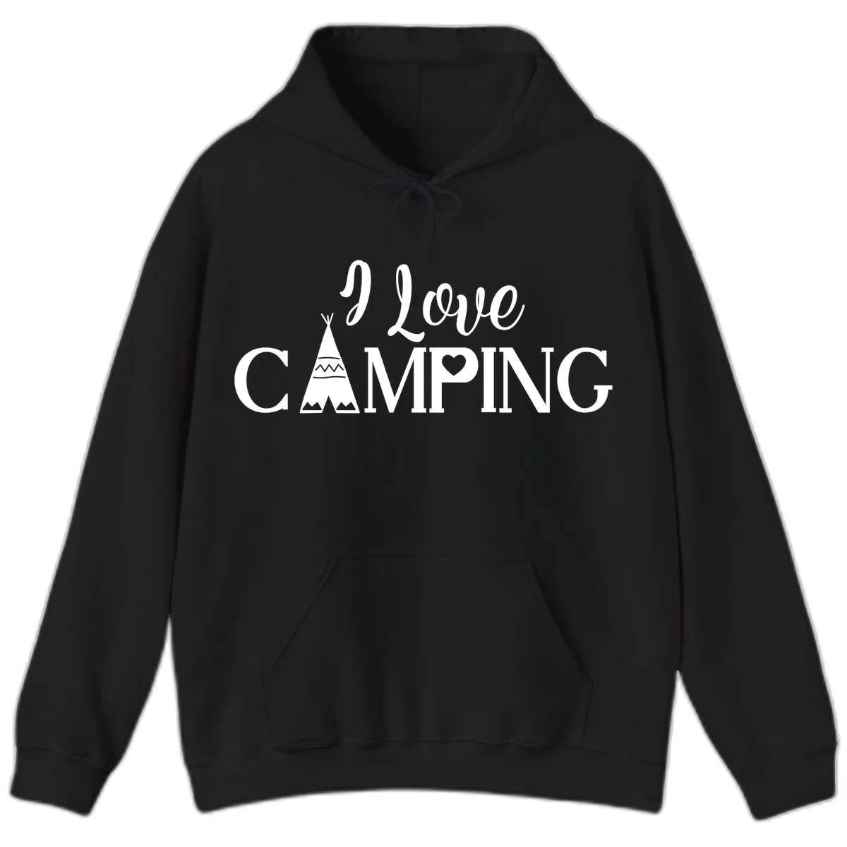 White i-love-camping-teepee design on gray background with decorative geometric patterns and heart symbol in Black