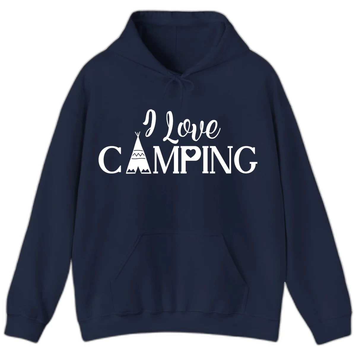 White i-love-camping-teepee design on gray background with decorative geometric patterns and heart symbol in Navy
