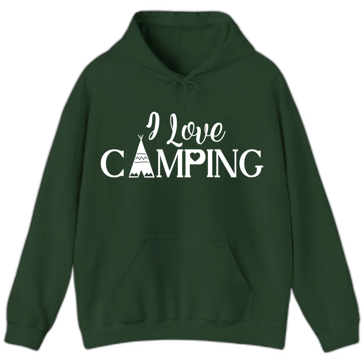White i-love-camping-teepee design on gray background with decorative geometric patterns and heart symbol in Forest Green