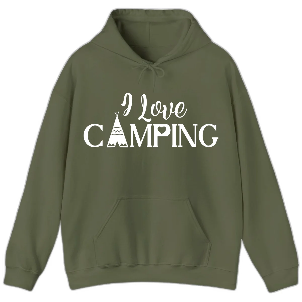 White i-love-camping-teepee design on gray background with decorative geometric patterns and heart symbol in Military Green