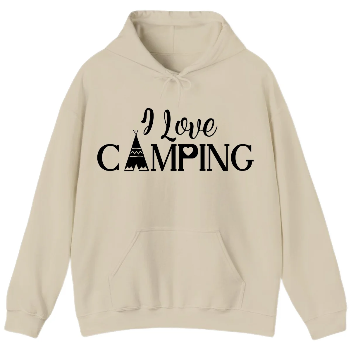 White i-love-camping-teepee design on gray background with decorative geometric patterns and heart symbol in Sand