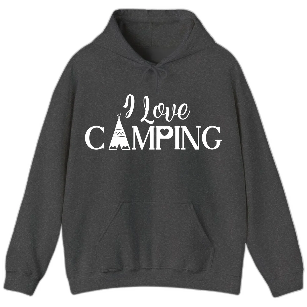 White i-love-camping-teepee design on gray background with decorative geometric patterns and heart symbol in Dark Heather