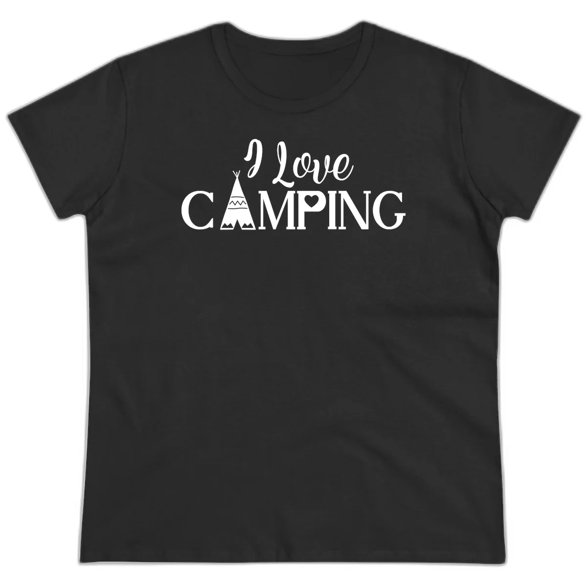 White i-love-camping-teepee design on gray background with decorative geometric patterns and heart symbol in Black