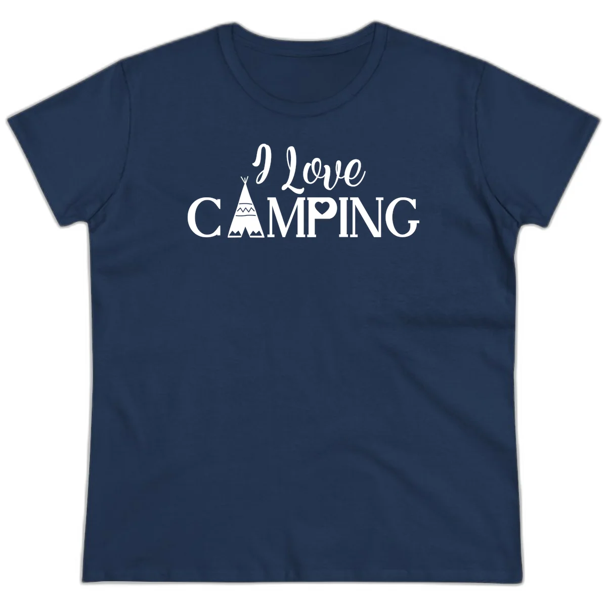 White i-love-camping-teepee design on gray background with decorative geometric patterns and heart symbol in Navy