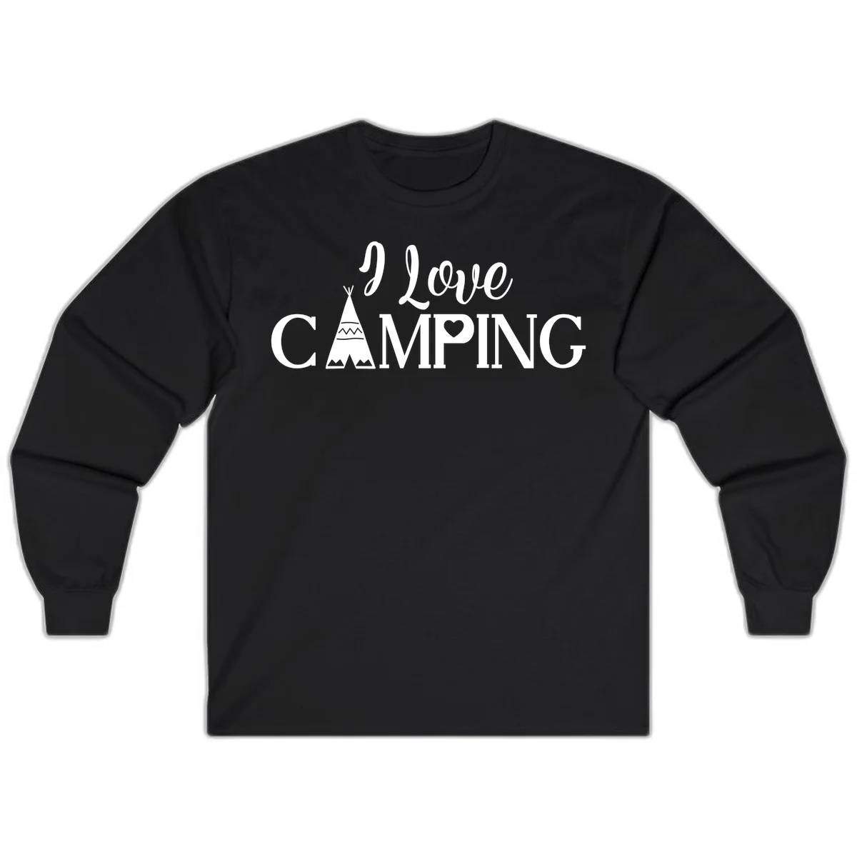 White i-love-camping-teepee design on gray background with decorative geometric patterns and heart symbol in Black