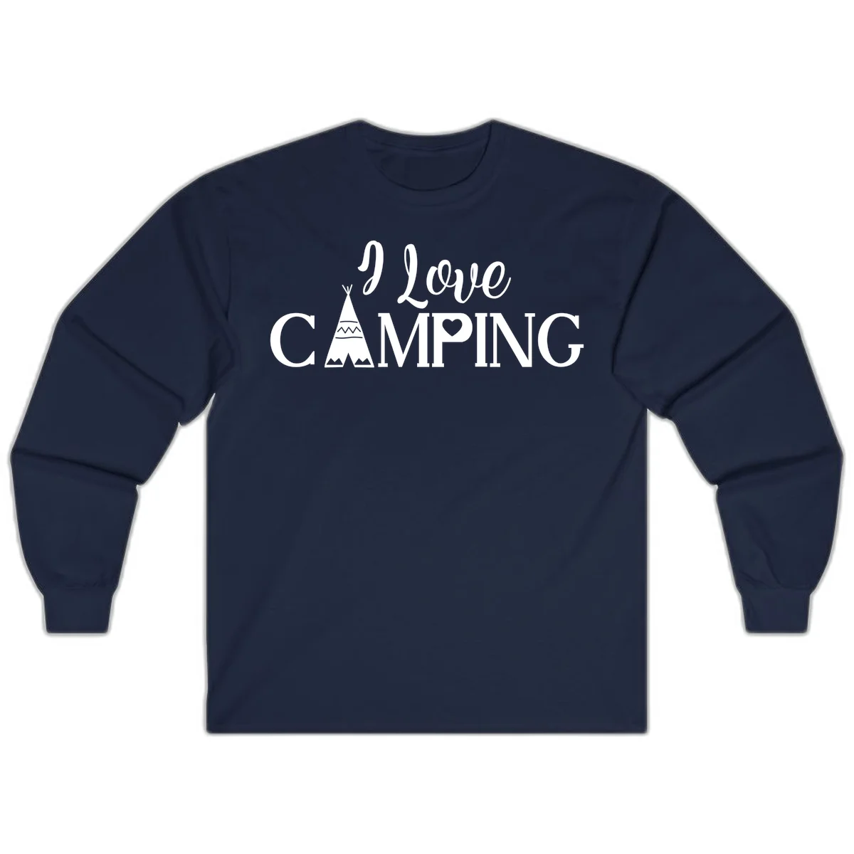 White i-love-camping-teepee design on gray background with decorative geometric patterns and heart symbol in Navy