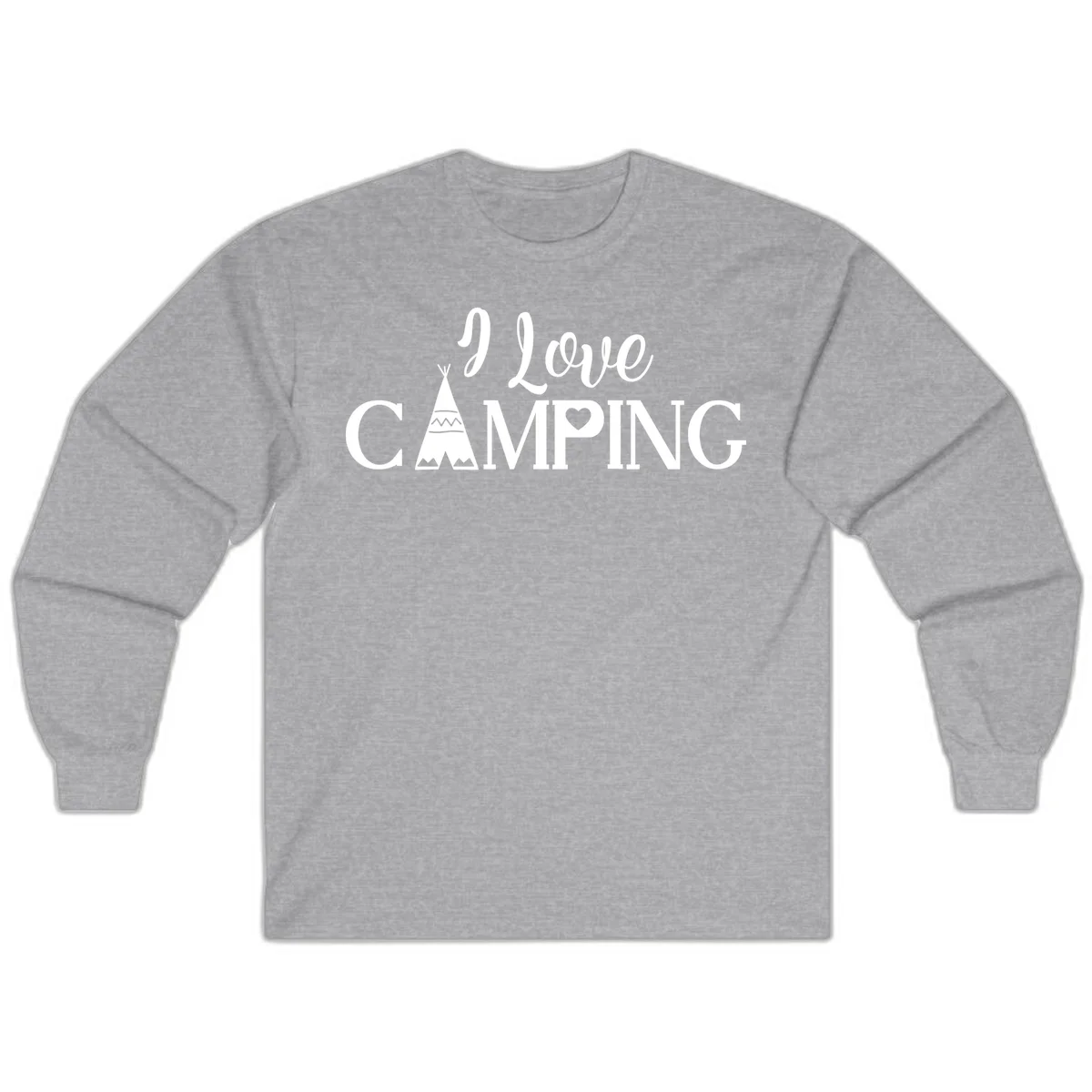 White i-love-camping-teepee design on gray background with decorative geometric patterns and heart symbol in Sport Grey