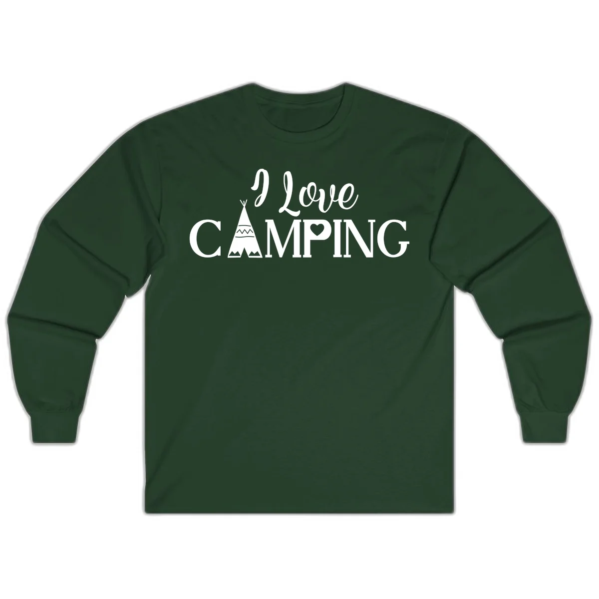 White i-love-camping-teepee design on gray background with decorative geometric patterns and heart symbol in Forest Green