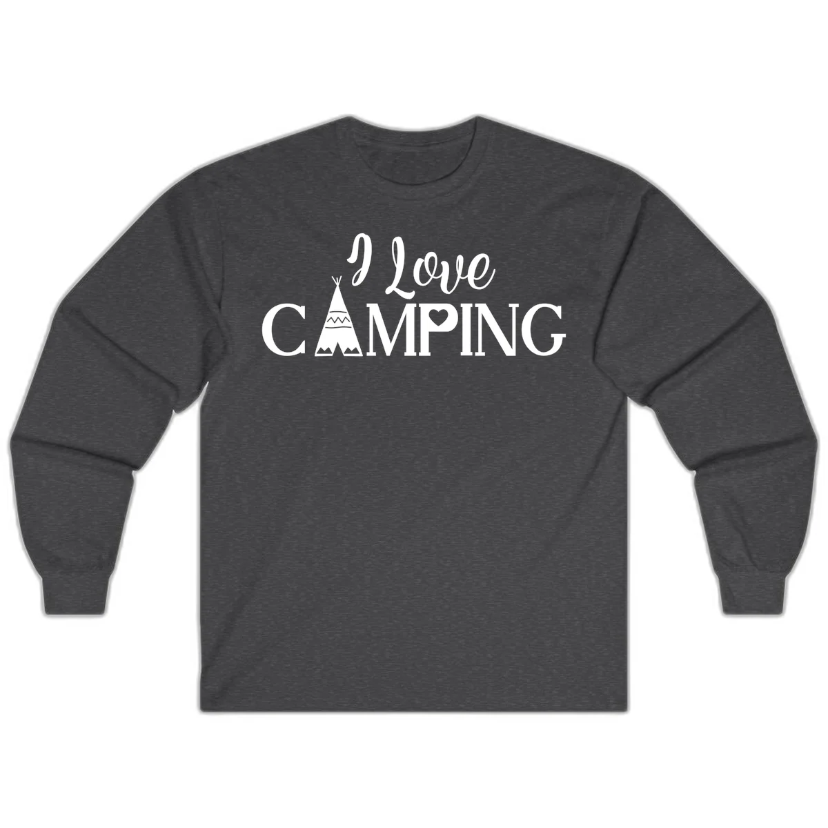 White i-love-camping-teepee design on gray background with decorative geometric patterns and heart symbol in Dark Heather