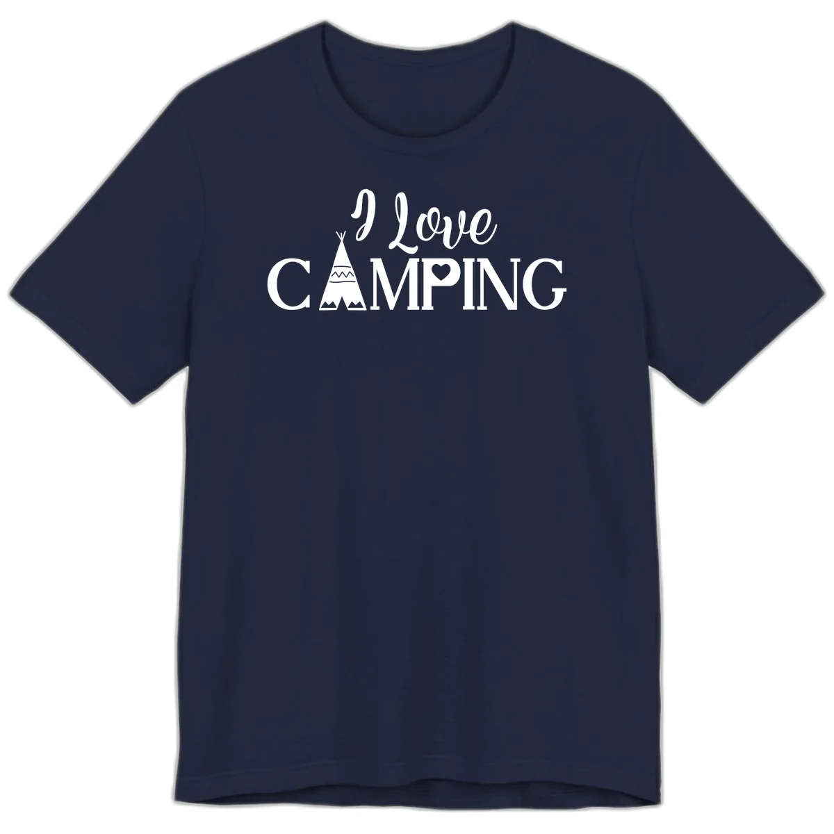White i-love-camping-teepee design on gray background with decorative geometric patterns and heart symbol in Navy