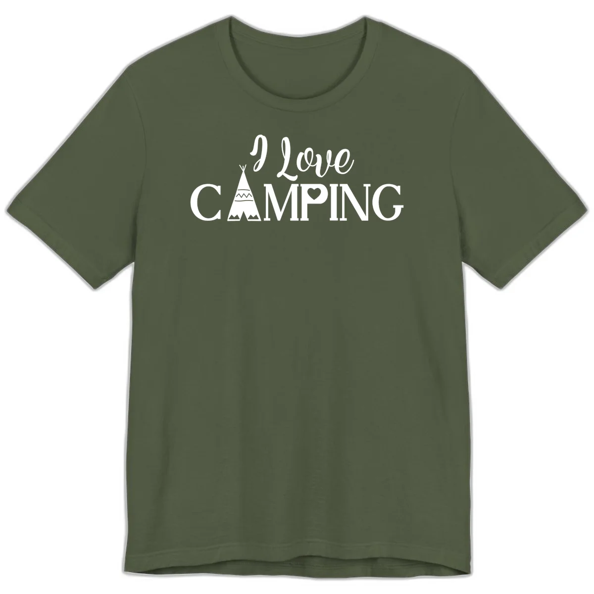 White i-love-camping-teepee design on gray background with decorative geometric patterns and heart symbol in Military Green