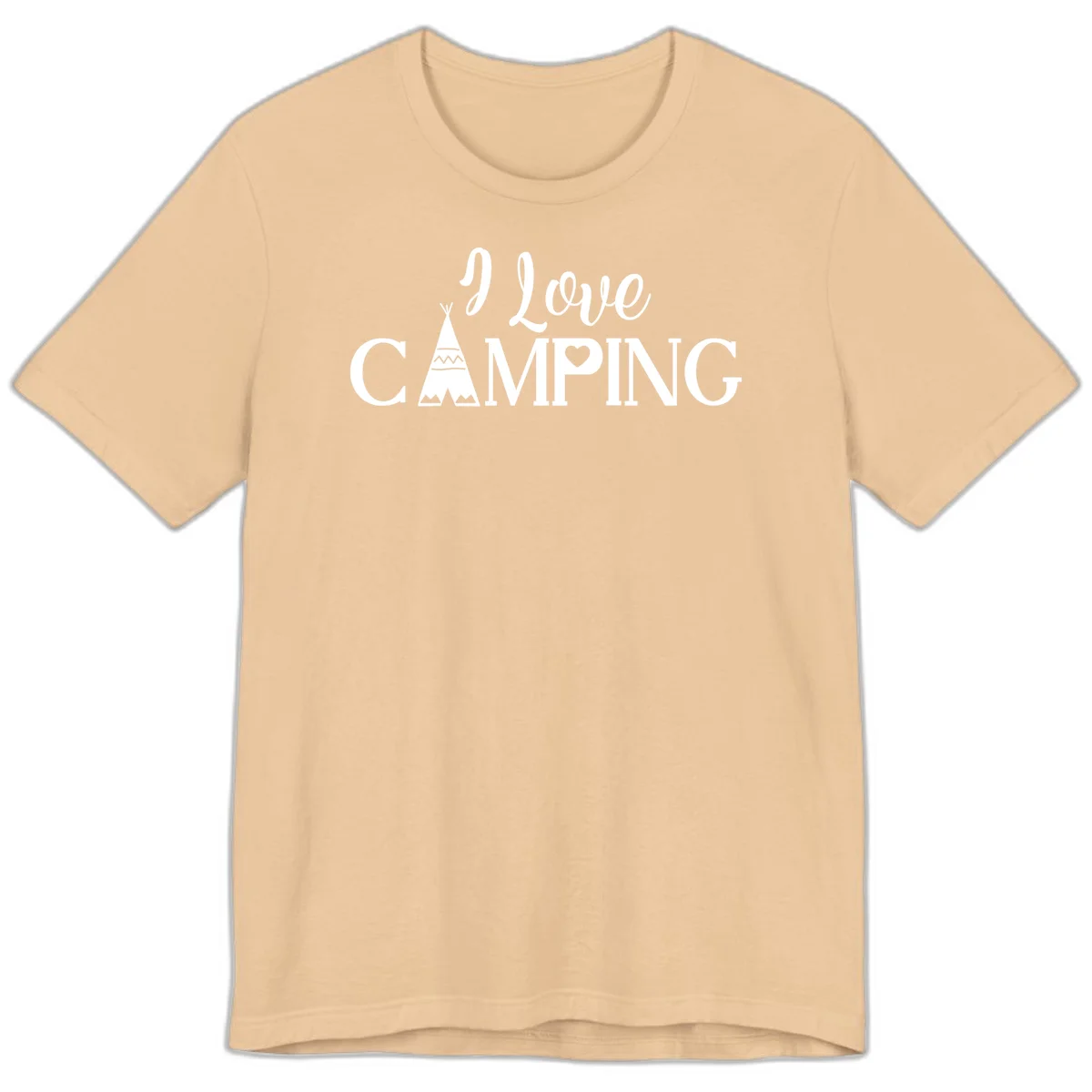 White i-love-camping-teepee design on gray background with decorative geometric patterns and heart symbol in Sand Dune