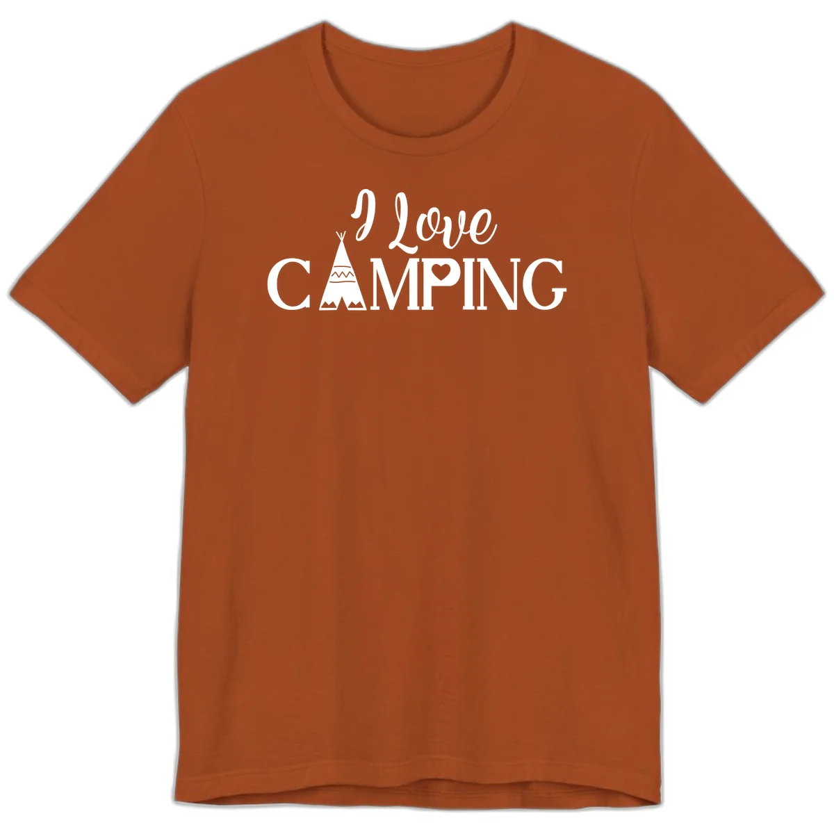 White i-love-camping-teepee design on gray background with decorative geometric patterns and heart symbol in Autumn