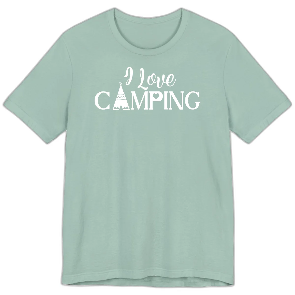 White i-love-camping-teepee design on gray background with decorative geometric patterns and heart symbol in Dusty Blue