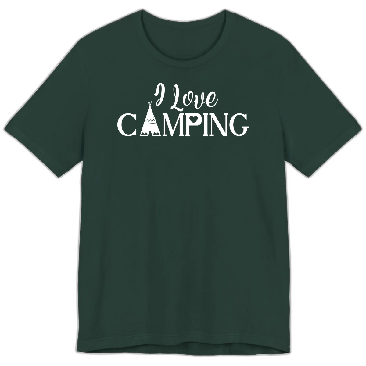 White i-love-camping-teepee design on gray background with decorative geometric patterns and heart symbol in Forest
