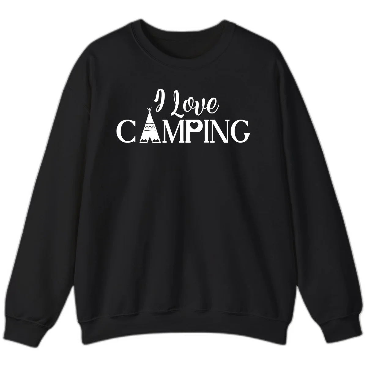 White i-love-camping-teepee design on gray background with decorative geometric patterns and heart symbol in Black