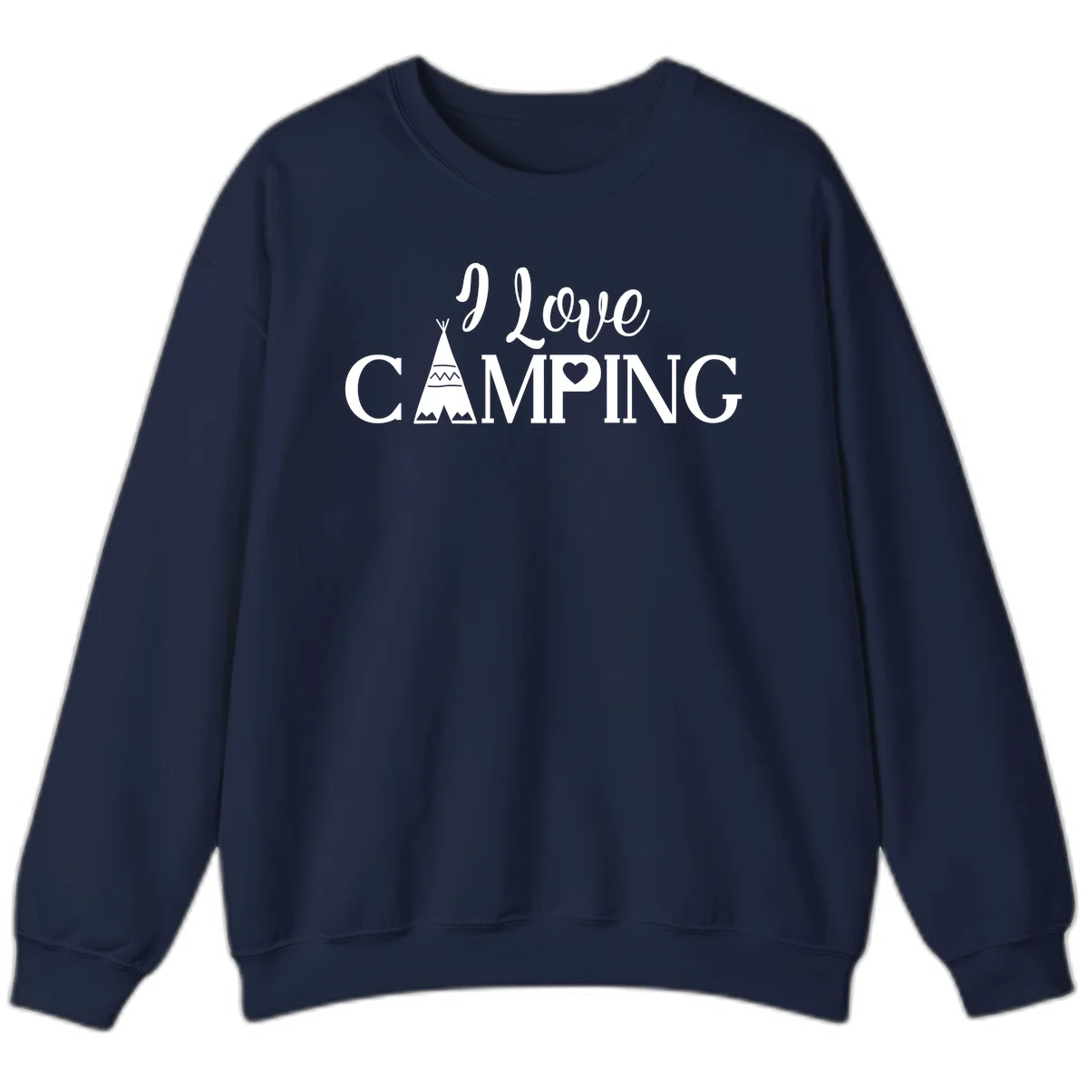 White i-love-camping-teepee design on gray background with decorative geometric patterns and heart symbol in Navy