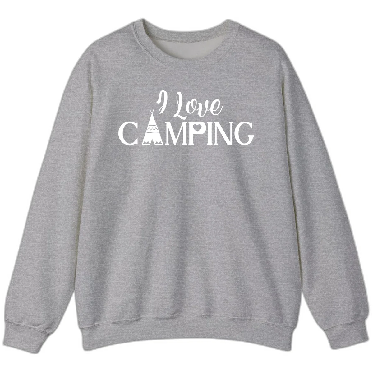 White i-love-camping-teepee design on gray background with decorative geometric patterns and heart symbol in Sport Grey