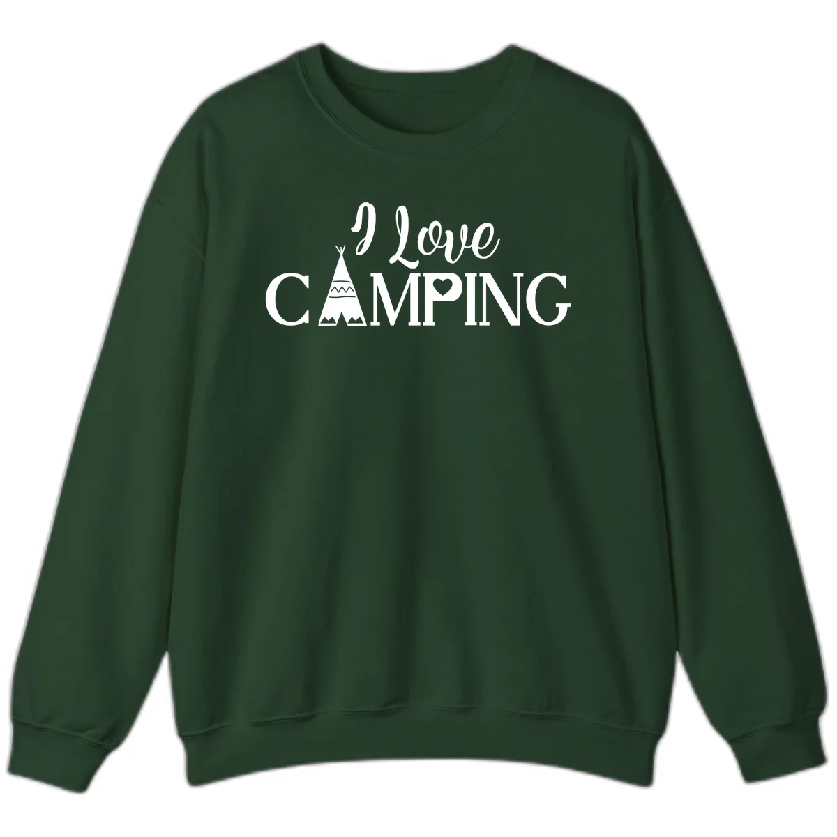 White i-love-camping-teepee design on gray background with decorative geometric patterns and heart symbol in Forest Green