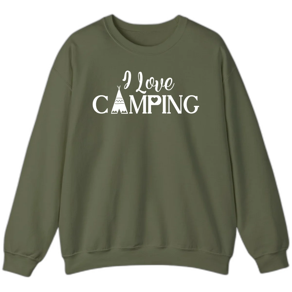 White i-love-camping-teepee design on gray background with decorative geometric patterns and heart symbol in Military Green