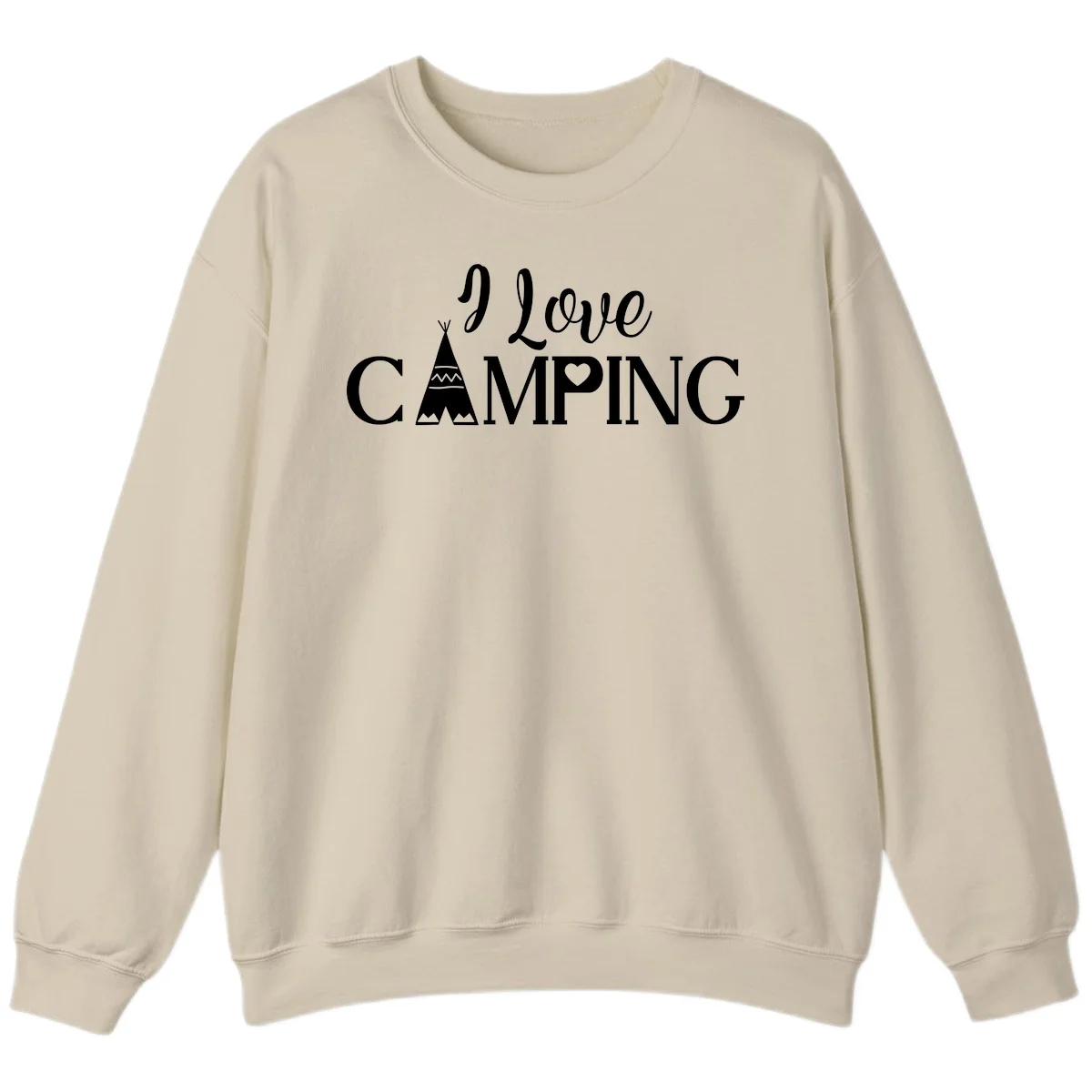 White i-love-camping-teepee design on gray background with decorative geometric patterns and heart symbol in Sand