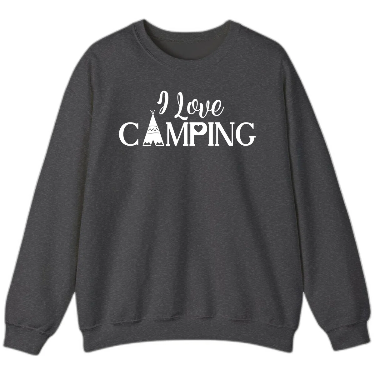 White i-love-camping-teepee design on gray background with decorative geometric patterns and heart symbol in Dark Heather