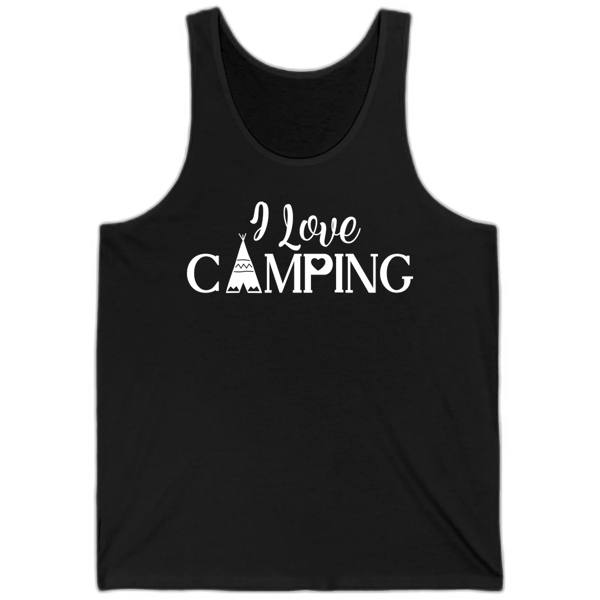 White i-love-camping-teepee design on gray background with decorative geometric patterns and heart symbol in Black