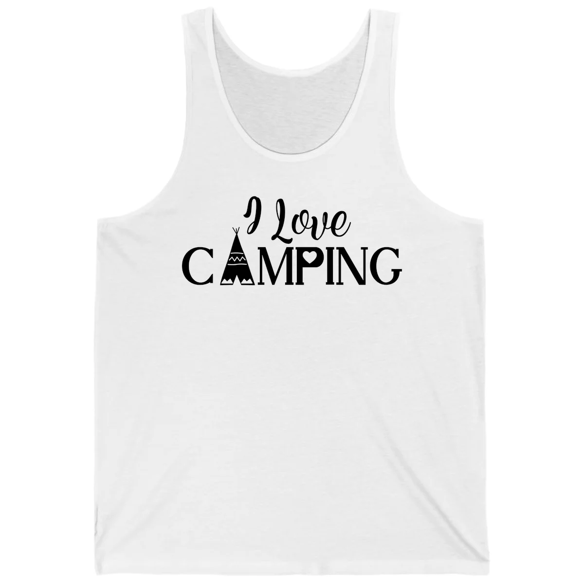 White i-love-camping-teepee design on gray background with decorative geometric patterns and heart symbol in White