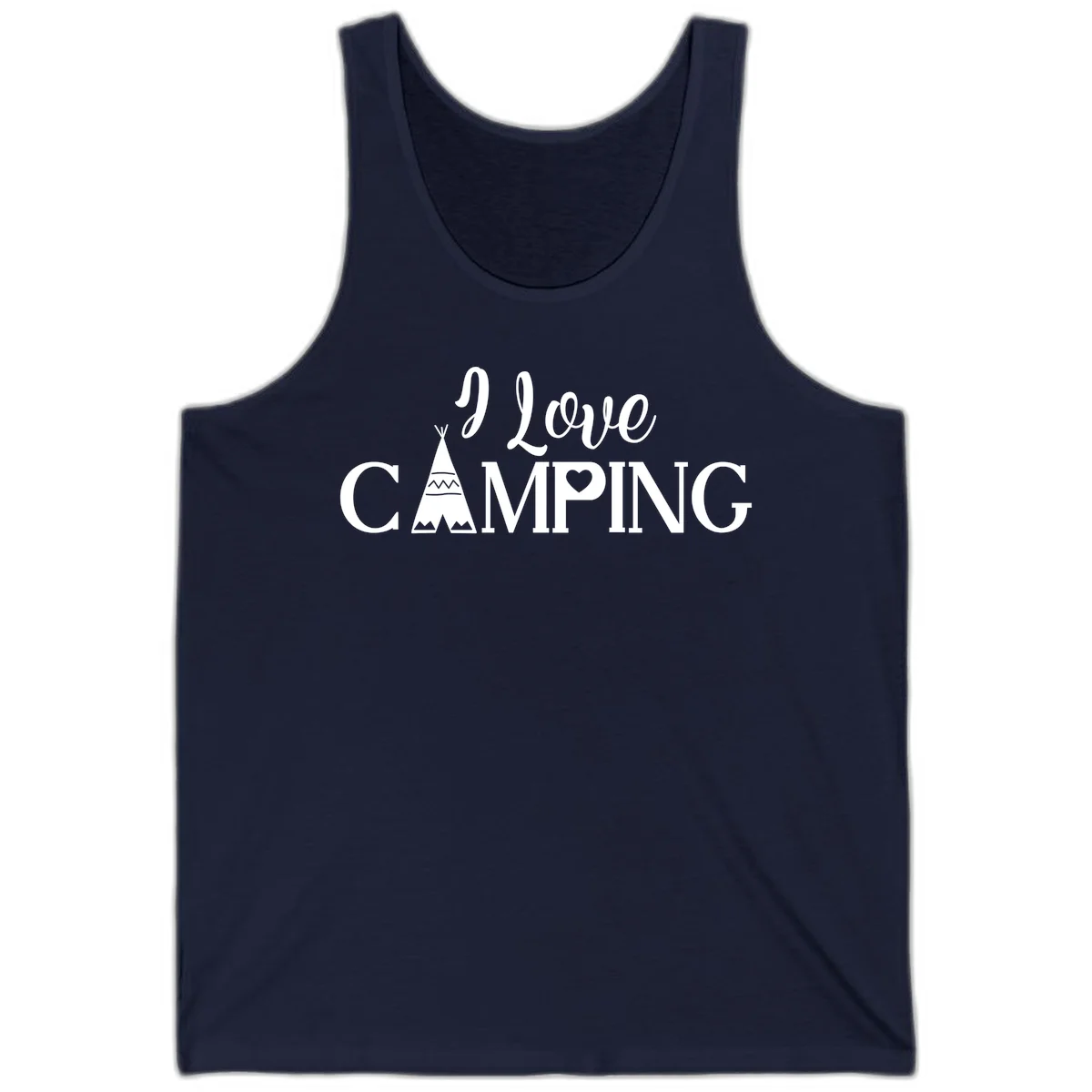 White i-love-camping-teepee design on gray background with decorative geometric patterns and heart symbol in Navy