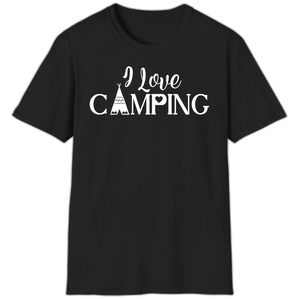 White i-love-camping-teepee design on gray background with decorative geometric patterns and heart symbol in Black