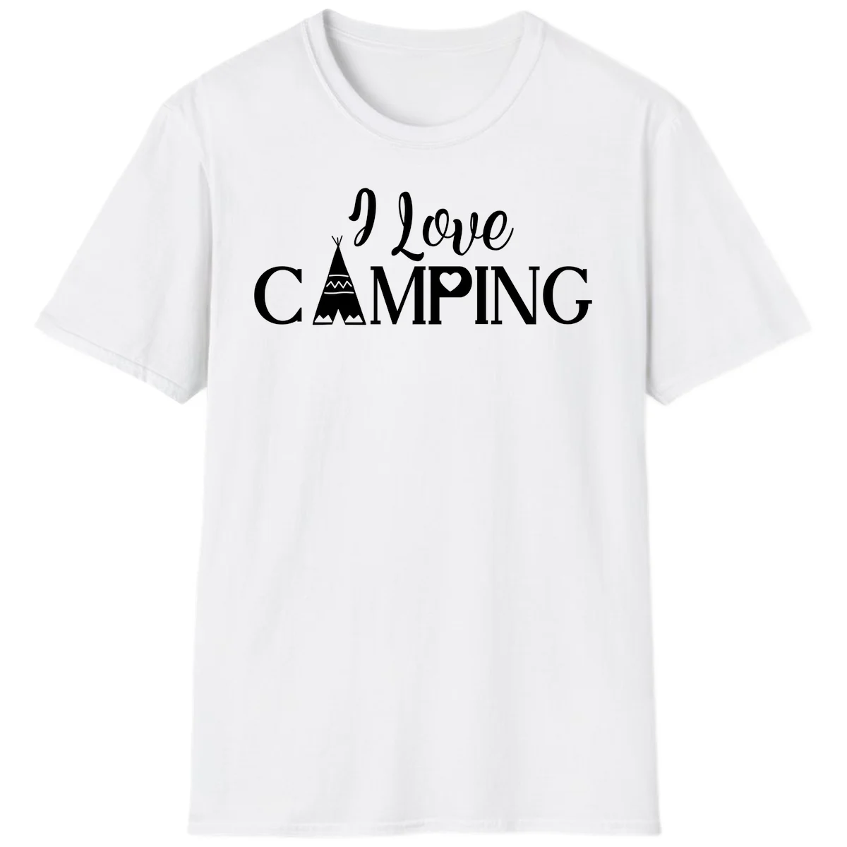 White i-love-camping-teepee design on gray background with decorative geometric patterns and heart symbol in White