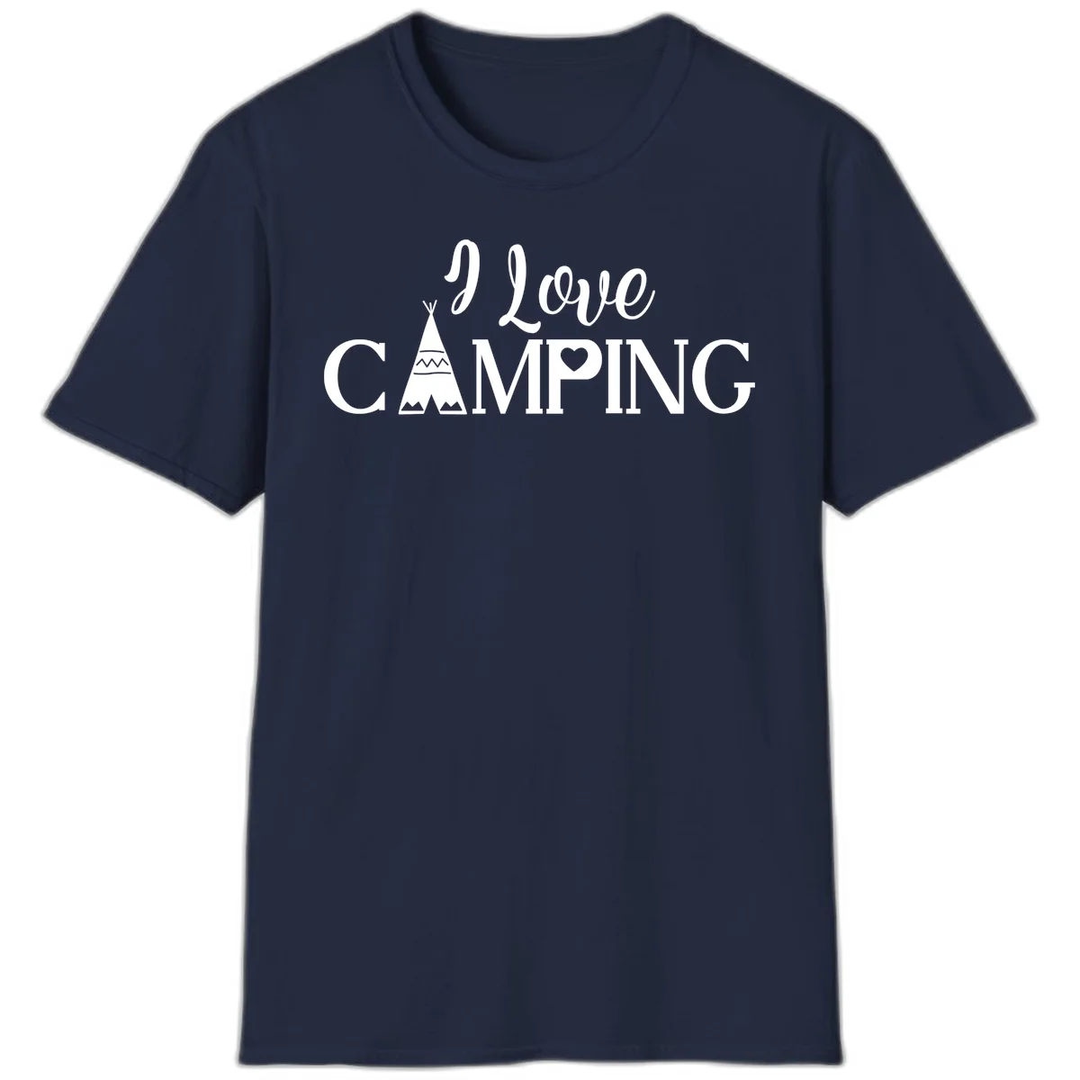 White i-love-camping-teepee design on gray background with decorative geometric patterns and heart symbol in Navy